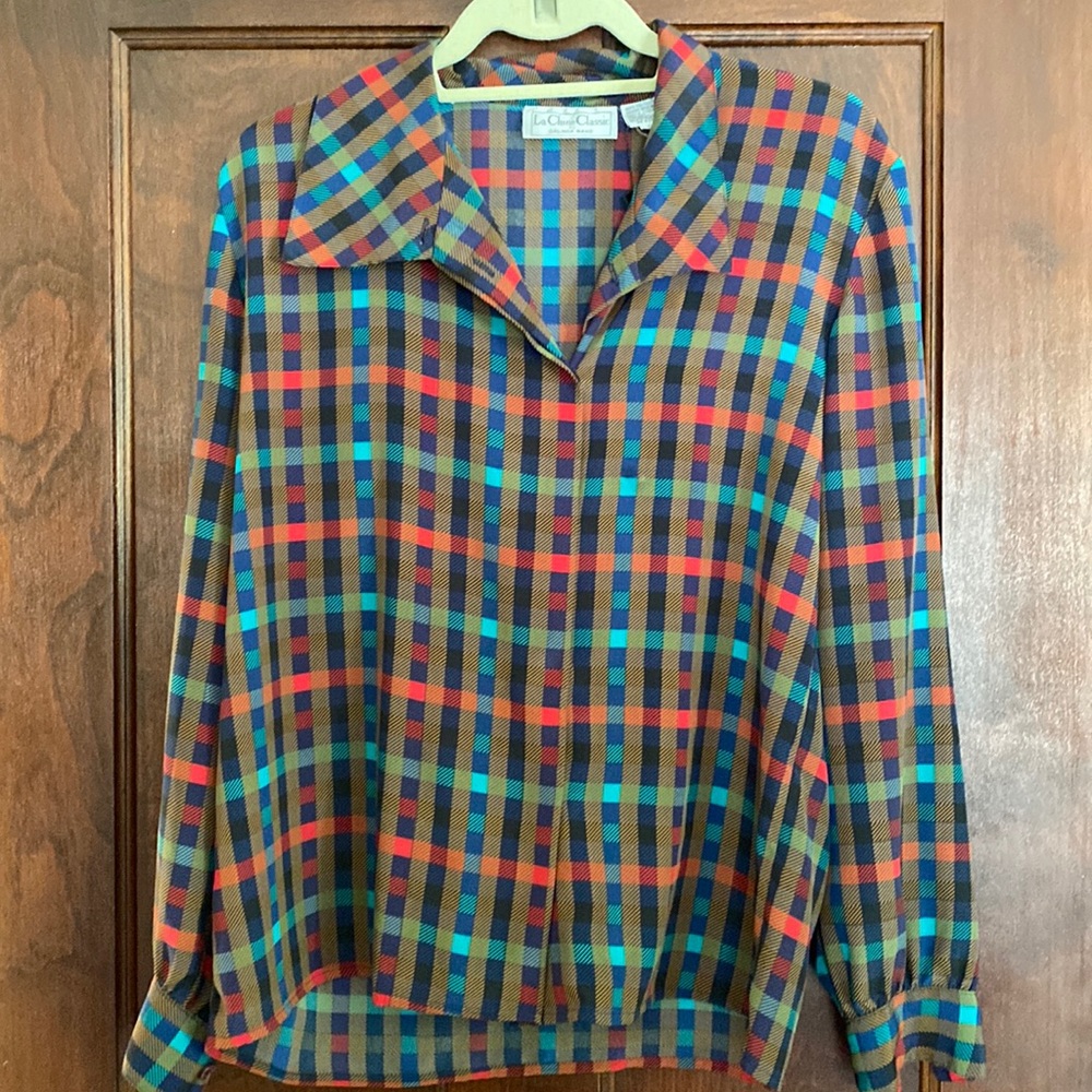 Vintage plaid silk blouse with stylish asymmetrical collar